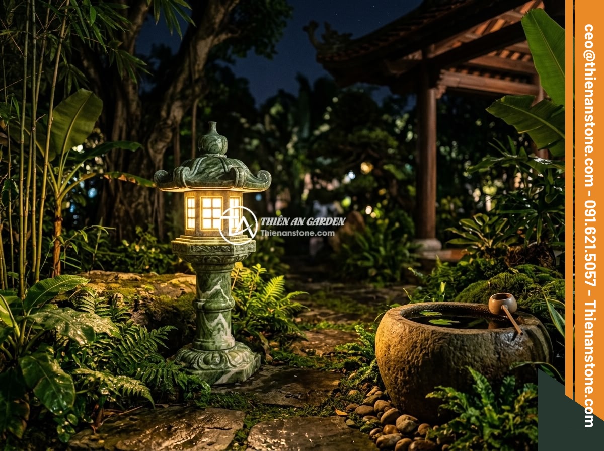 Bộ sản phẩm đá phong thủy sân vườn: Chum đá kết hợp đèn đá và bàn ghế đá tự nhiên - Hình 3 Bộ sản phẩm đá phong thủy sân vườn: Chum đá kết hợp đèn đá và bàn ghế đá tự nhiên - A traditional Japanese-style stone lantern (den da) illuminated at night in a Vi
