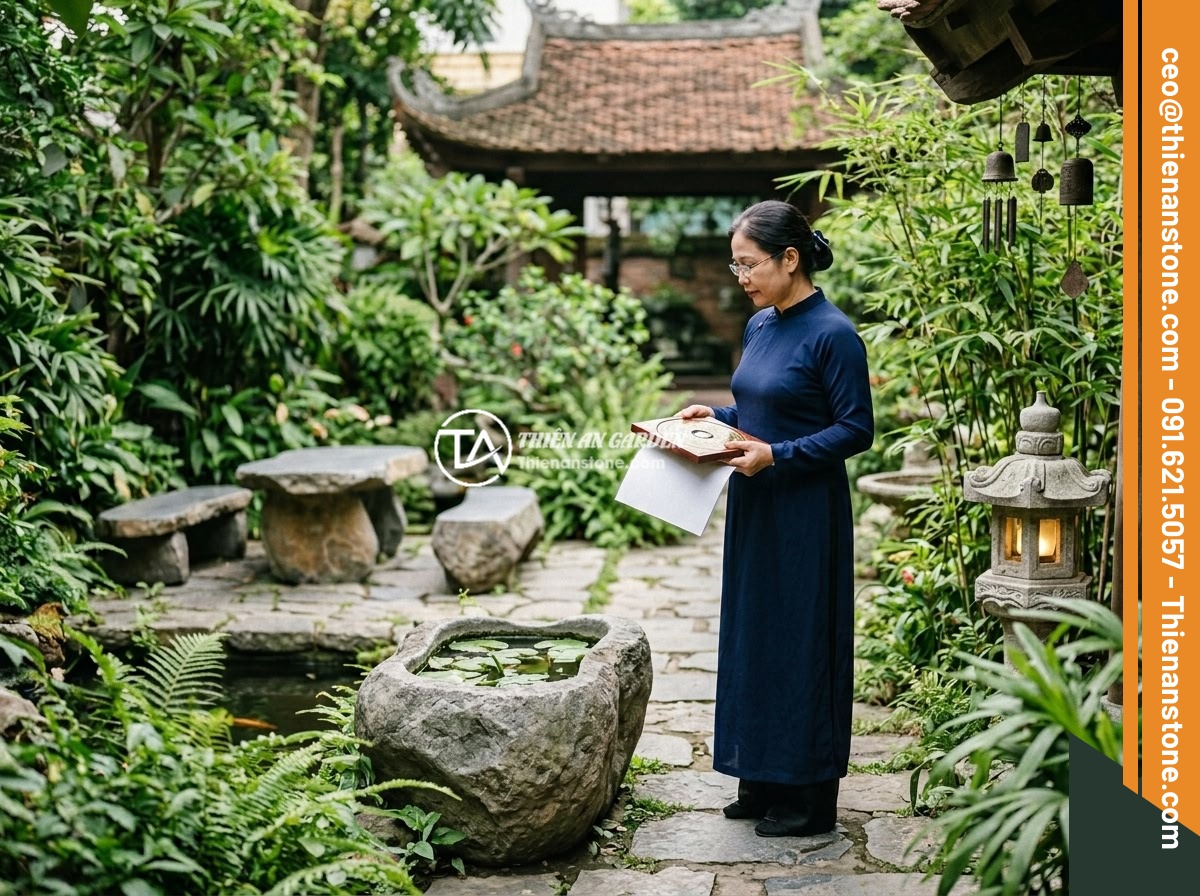 Bộ sản phẩm đá phong thủy sân vườn: Chum đá kết hợp đèn đá và bàn ghế đá tự nhiên - Hình 6 Bộ sản phẩm đá phong thủy sân vườn: Chum đá kết hợp đèn đá và bàn ghế đá tự nhiên - A feng shui consultant examining the placement of stone products in a Vietnamese