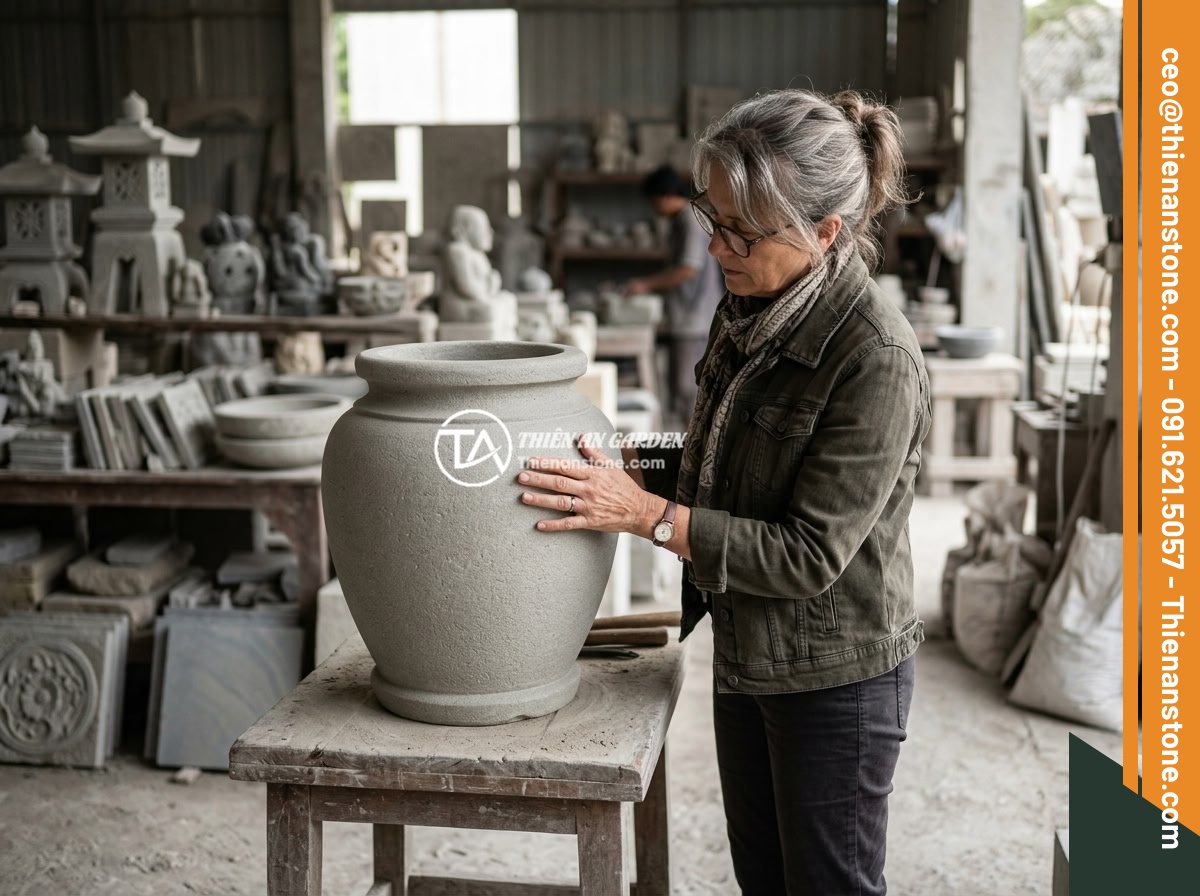 Bộ sản phẩm đá phong thủy sân vườn: Chum đá kết hợp đèn đá và bàn ghế đá tự nhiên - Hình 7 Bộ sản phẩm đá phong thủy sân vườn: Chum đá kết hợp đèn đá và bàn ghế đá tự nhiên - A customer inspecting the quality of natural stone products at a stone workshop,