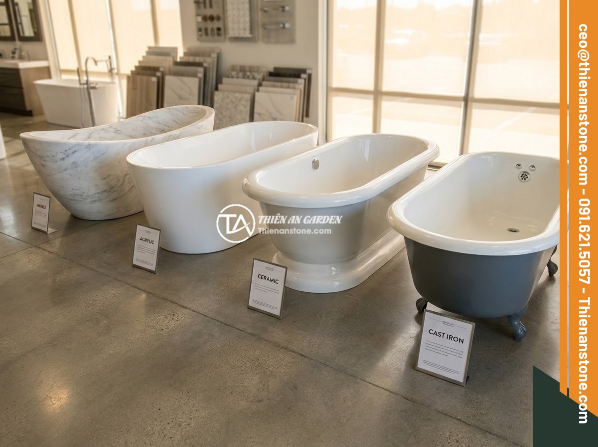 Bồn Tắm Đá Cẩm Thạch Sang Trọng: Đặc Điểm, Bảo Dưỡng Và Báo Giá 2026 - Side-by-side comparison of four different bathtub types in a showroom: marble, a