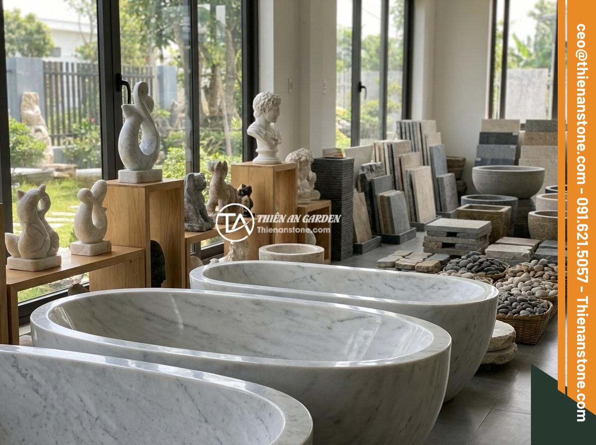 Bồn Tắm Đá Cẩm Thạch Sang Trọng: Đặc Điểm, Bảo Dưỡng Và Báo Giá 2026 - The Thien An Stone company showroom displaying a variety of natural stone bathtu