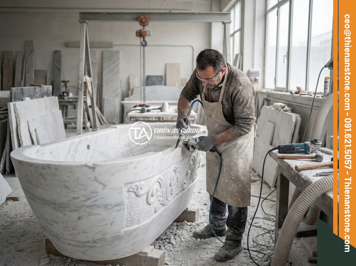 Bồn Tắm Đá Cẩm Thạch Sang Trọng: Đặc Điểm, Bảo Dưỡng Và Báo Giá 2026 - Artisan craftsman hand-carving a marble bathtub from a large raw marble block in