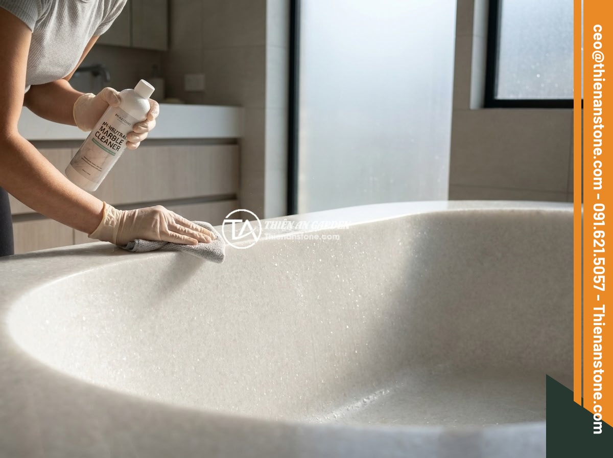 Bồn Tắm Đá Cẩm Thạch Sang Trọng: Đặc Điểm, Bảo Dưỡng Và Báo Giá 2026 - A person gently cleaning a marble bathtub with a soft cloth and pH-neutral marbl