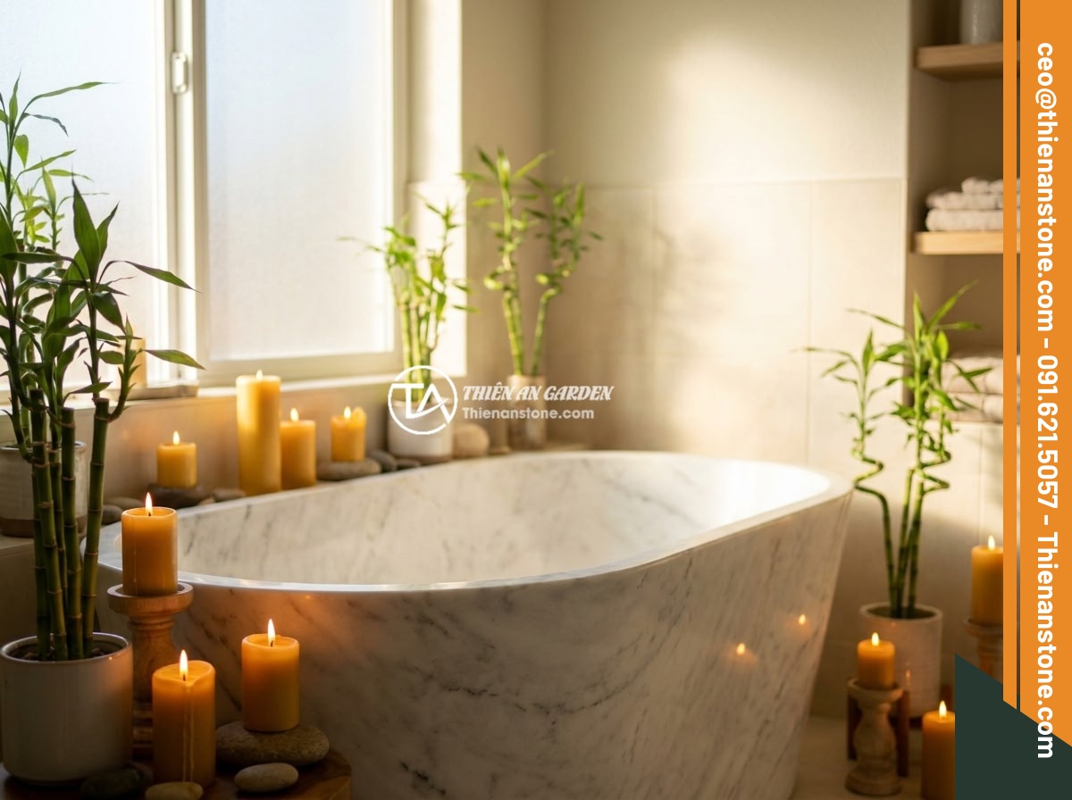 Bồn Tắm Đá Cẩm Thạch Sang Trọng: Đặc Điểm, Bảo Dưỡng Và Báo Giá 2026 - A serene bathroom scene with a marble bathtub surrounded by candles, bamboo plan