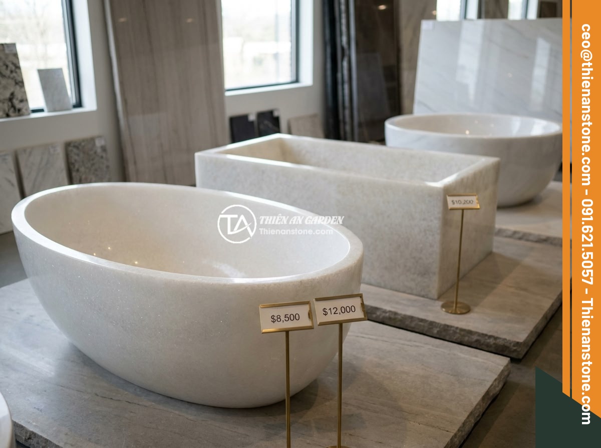Bồn Tắm Đá Cẩm Thạch Sang Trọng: Đặc Điểm, Bảo Dưỡng Và Báo Giá 2026 - An elegant price comparison display showing different marble bathtub models with