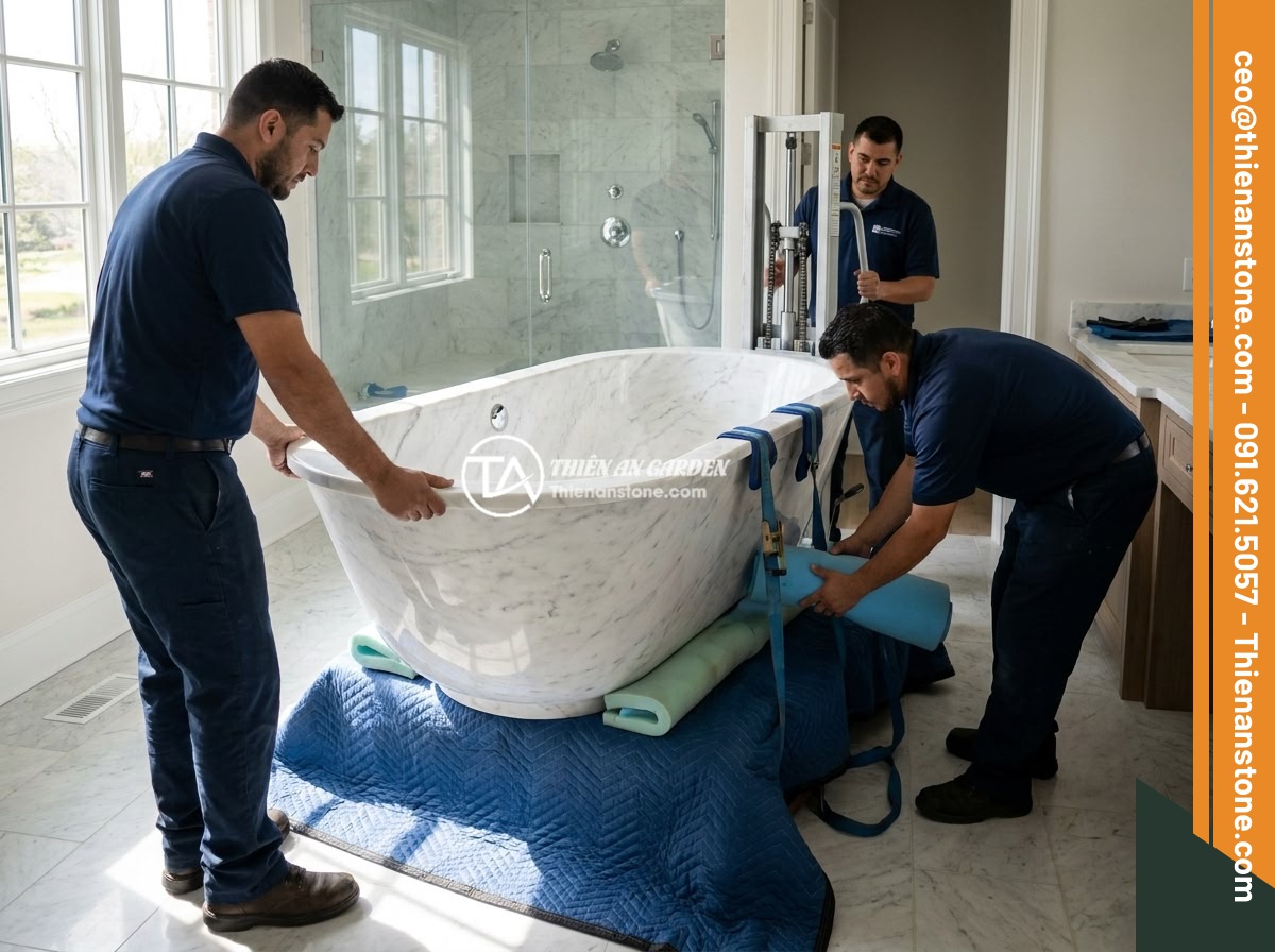 Bồn Tắm Đá Cẩm Thạch Sang Trọng: Đặc Điểm, Bảo Dưỡng Và Báo Giá 2026 - Professional installation team carefully positioning a heavy white marble bathtu