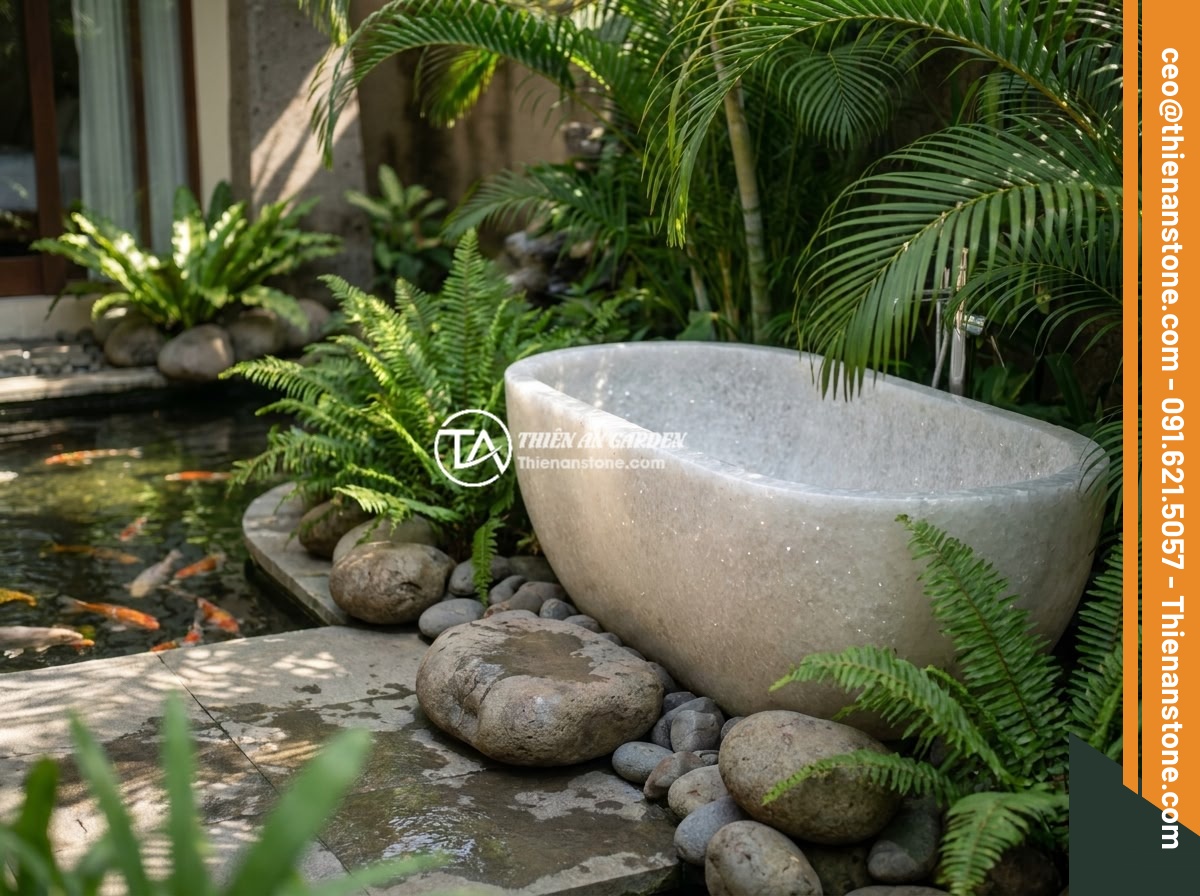 Bồn Tắm Đá Cẩm Thạch Sang Trọng: Đặc Điểm, Bảo Dưỡng Và Báo Giá 2026 - A stunning outdoor bathroom design featuring a marble bathtub surrounded by trop