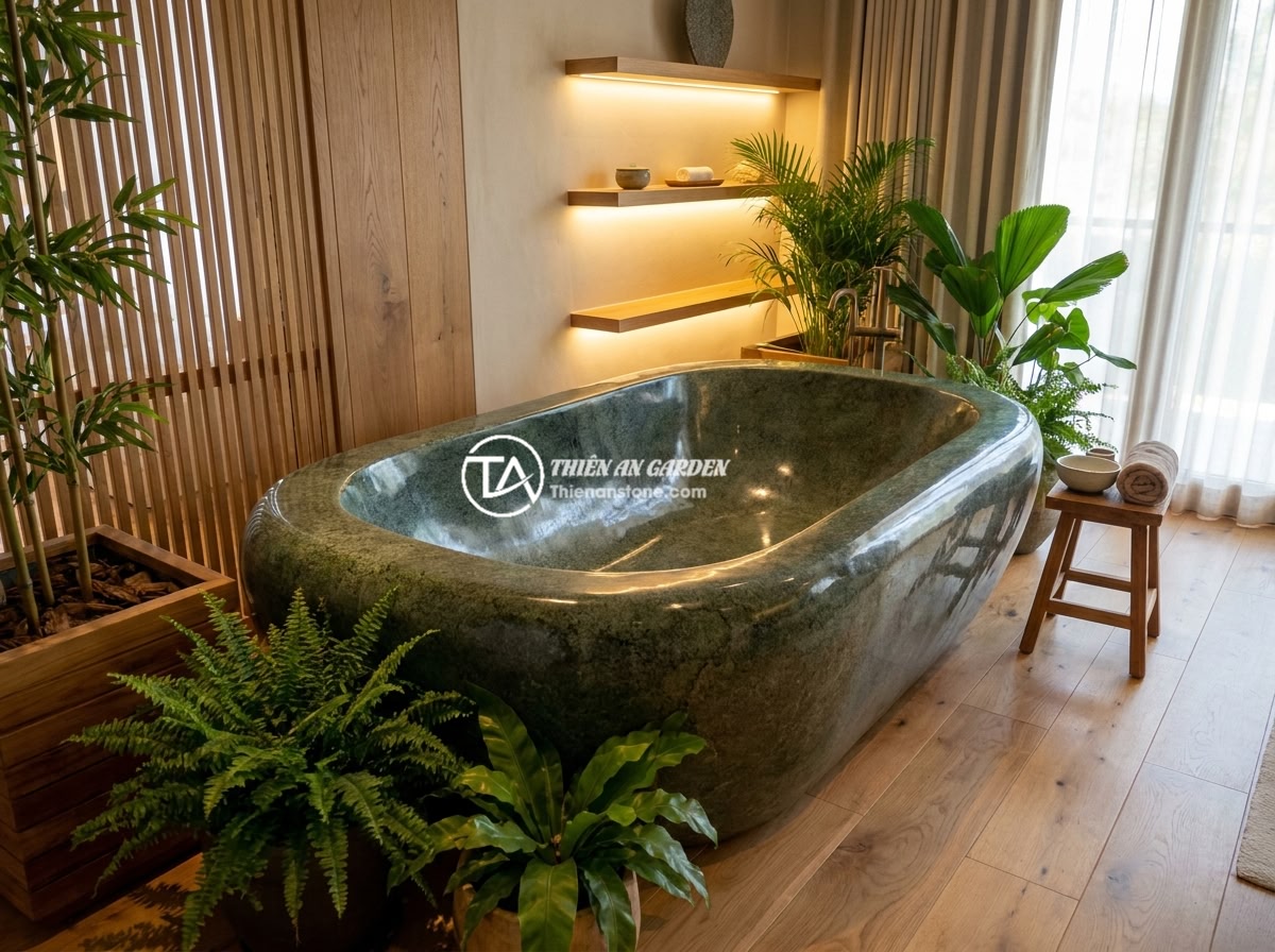 Bồn Tắm Đá Cuội Tự Nhiên: Thiết Kế Độc Đáo Cho Không Gian Spa - A large natural river stone bathtub with smooth exterior surface placed in a lux