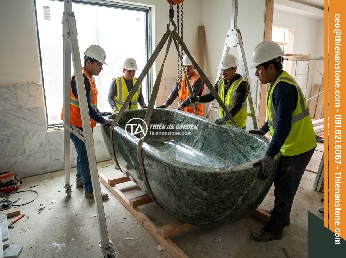 Bồn Tắm Đá Cuội Tự Nhiên: Thiết Kế Độc Đáo Cho Không Gian Spa - Professional team carefully transporting and installing a large natural stone ba