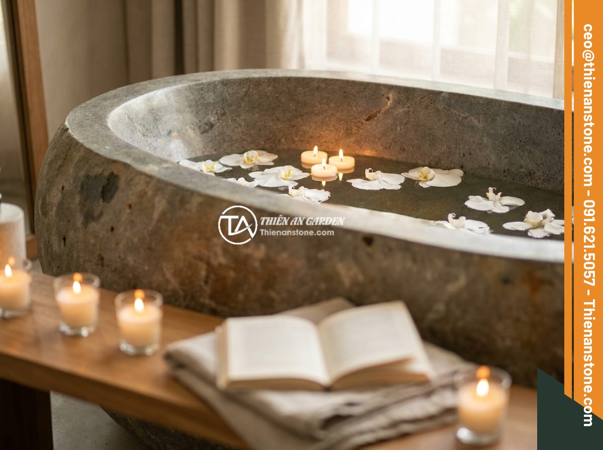 Bồn Tắm Đá Cuội Tự Nhiên: Thiết Kế Độc Đáo Cho Không Gian Spa - A beautifully designed FAQ section concept with a natural stone bathtub as backg