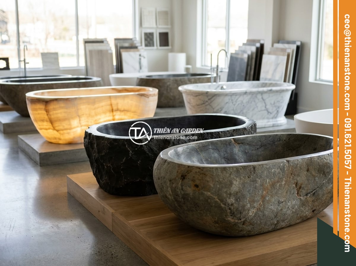 Bồn Tắm Đá Cuội Tự Nhiên: Thiết Kế Độc Đáo Cho Không Gian Spa - Various types of natural stone bathtubs displayed in a showroom, including grani