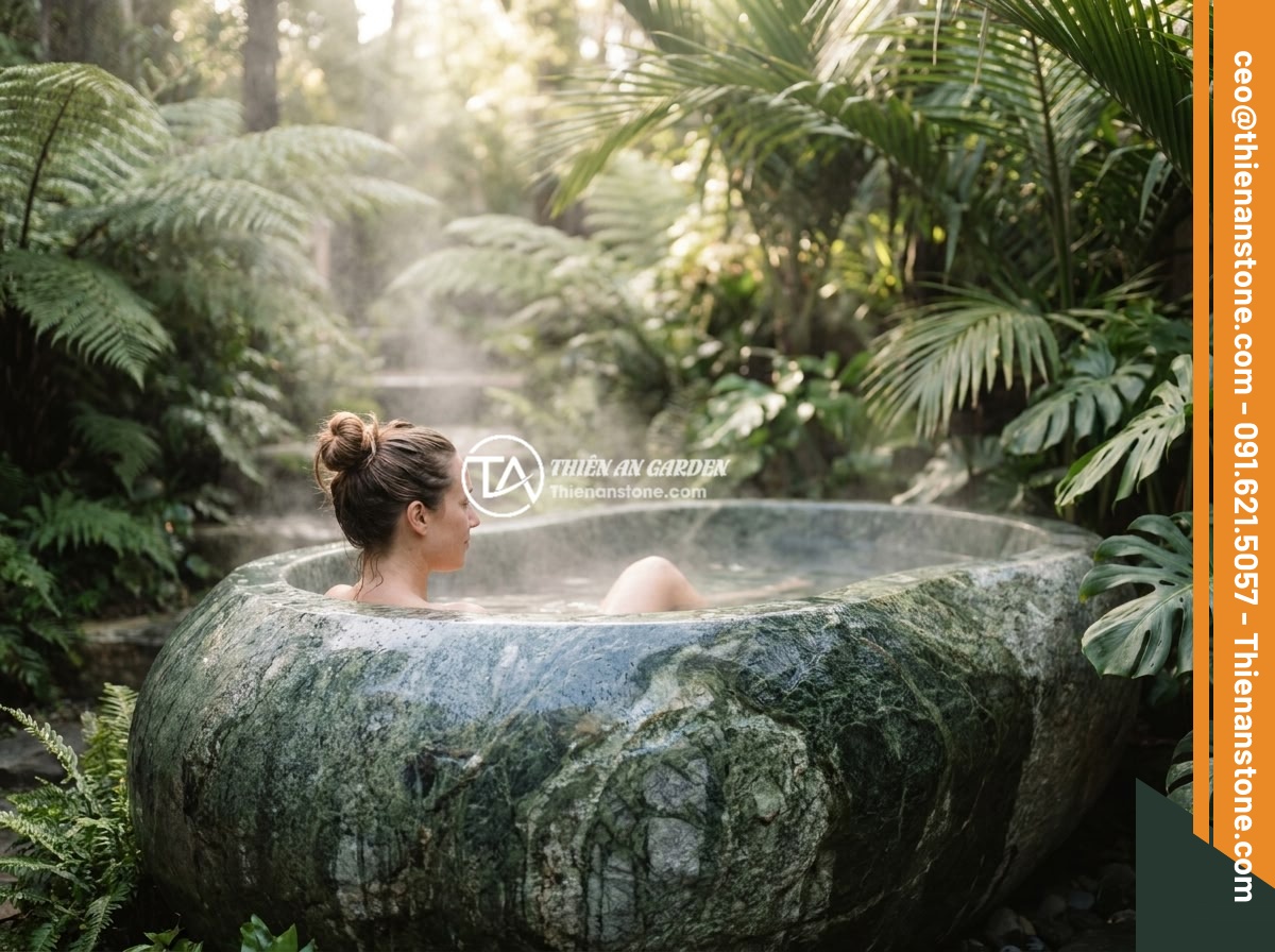 Bồn Tắm Đá Cuội Tự Nhiên: Thiết Kế Độc Đáo Cho Không Gian Spa - A woman relaxing in a natural stone boulder bathtub in an outdoor spa setting, s