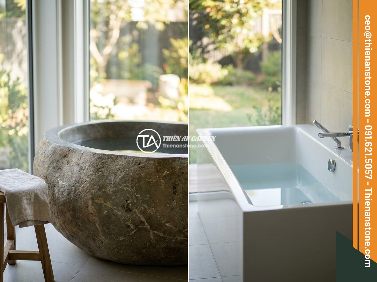 Bồn Tắm Đá Cuội Tự Nhiên: Thiết Kế Độc Đáo Cho Không Gian Spa - Side-by-side comparison of a natural stone boulder bathtub and a modern acrylic 
