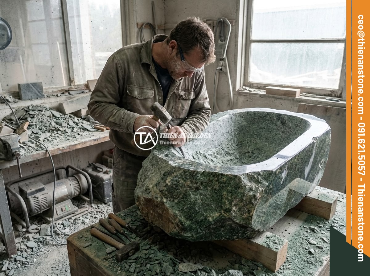 Bồn Tắm Đá Cuội Tự Nhiên: Thiết Kế Độc Đáo Cho Không Gian Spa - Craftsman using traditional tools to carve and hollow out a large natural boulde
