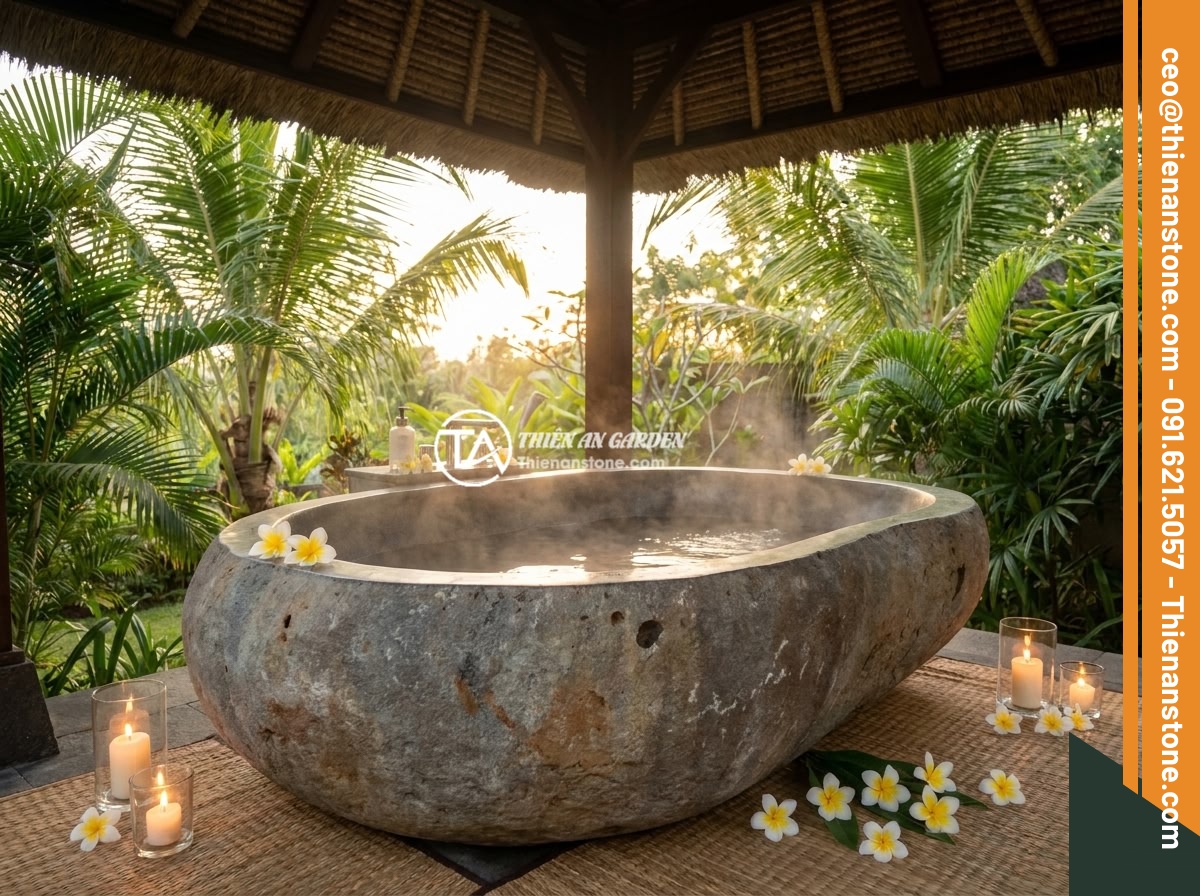 Bồn Tắm Đá Cuội Tự Nhiên: Thiết Kế Độc Đáo Cho Không Gian Spa - Luxurious outdoor tropical spa with a large natural stone boulder bathtub, surro
