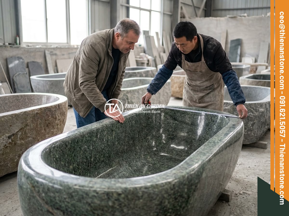 Bồn Tắm Đá Cuội Tự Nhiên: Thiết Kế Độc Đáo Cho Không Gian Spa - A customer and stone expert examining a natural boulder bathtub in a stone works