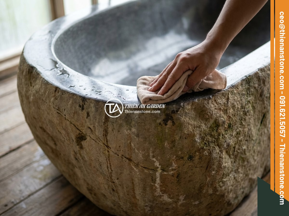 Bồn Tắm Đá Cuội Tự Nhiên: Thiết Kế Độc Đáo Cho Không Gian Spa - Close-up of a well-maintained natural stone bathtub surface being cleaned with a