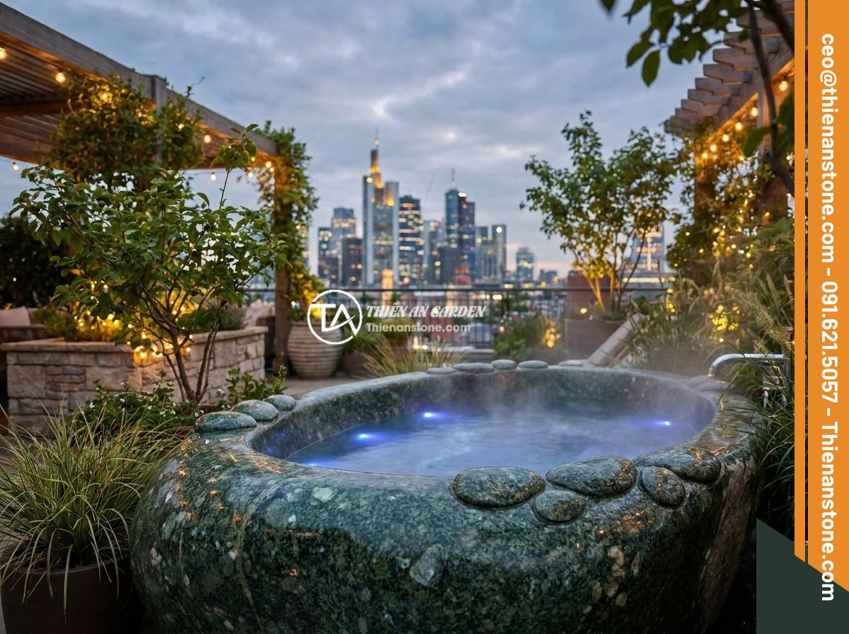 Bồn Tắm Đá Cuội Tự Nhiên: Thiết Kế Độc Đáo Cho Không Gian Spa - A modern outdoor stone boulder bathtub with LED underwater lighting in a rooftop