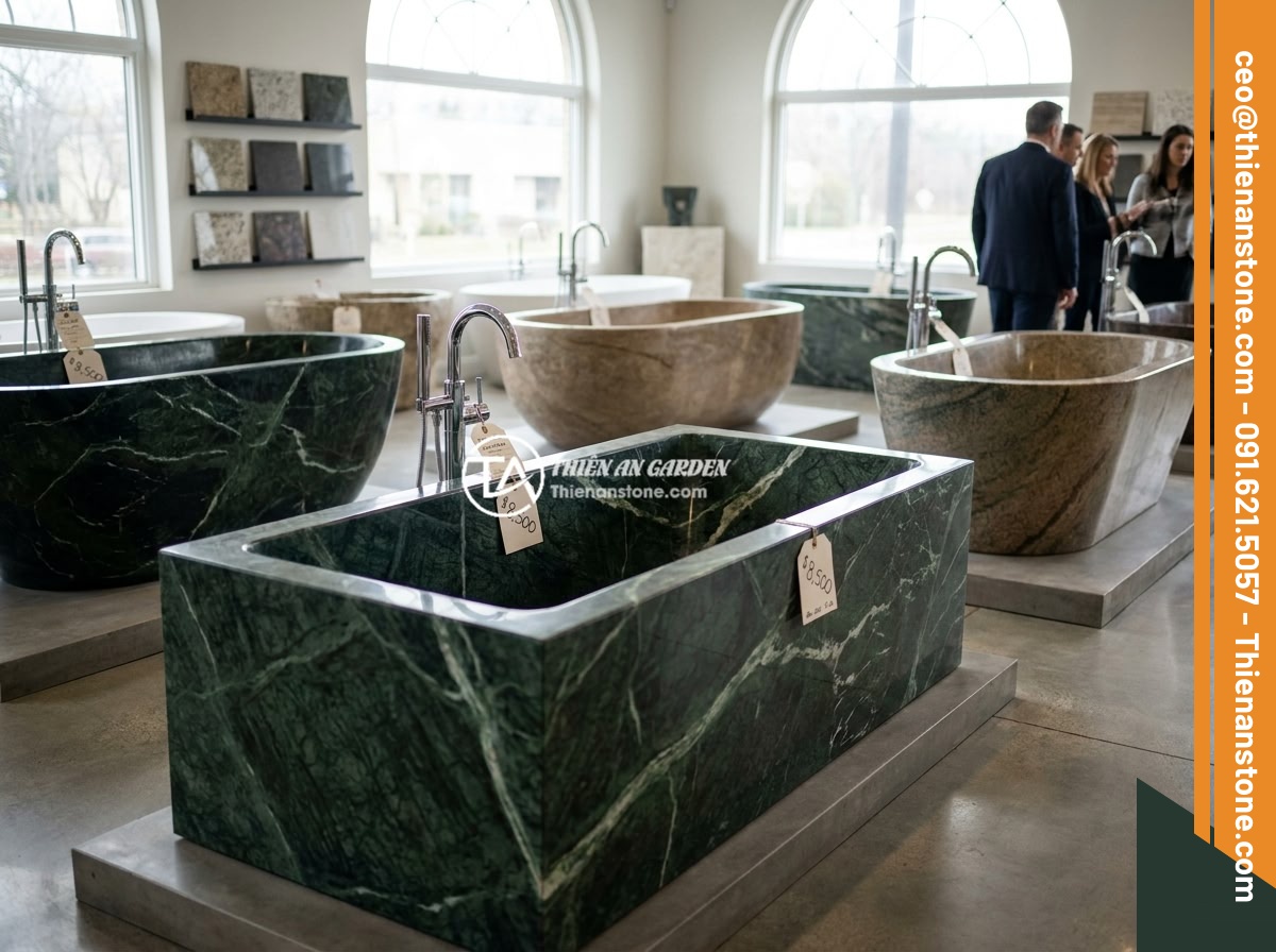 Bồn Tắm Đá Hoa Cương (Granite): Ưu Điểm, Nhược Điểm Và Cách Chọn - Elegant granite bathtub showroom displaying various granite bathtub models with 