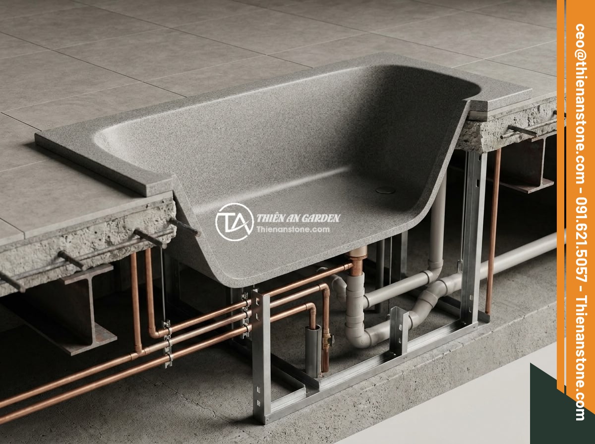 Bồn Tắm Đá Hoa Cương (Granite): Ưu Điểm, Nhược Điểm Và Cách Chọn - Cross-section technical illustration showing granite bathtub installation on rei