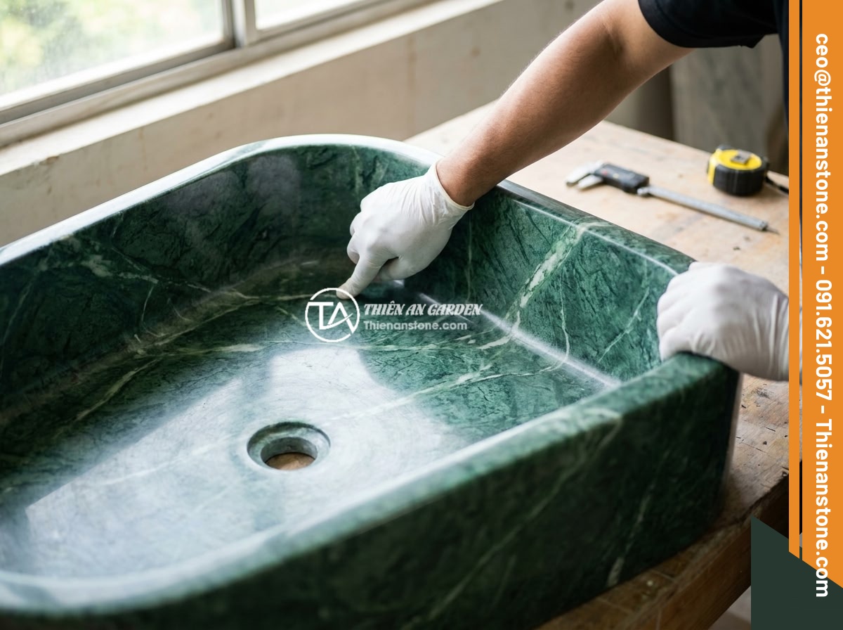 Bồn Tắm Đá Hoa Cương (Granite): Ưu Điểm, Nhược Điểm Và Cách Chọn - Quality inspection of a granite bathtub showing smooth polished interior surface