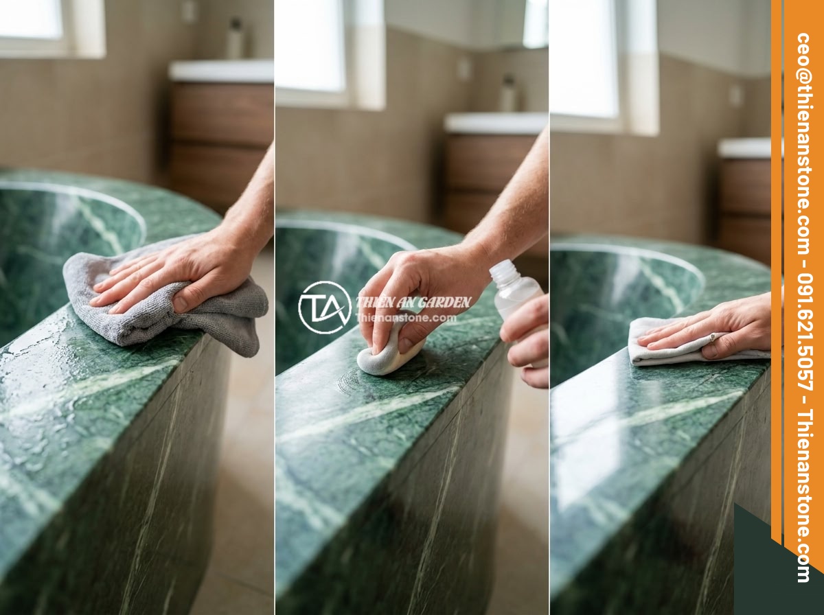 Bồn Tắm Đá Hoa Cương (Granite): Ưu Điểm, Nhược Điểm Và Cách Chọn - Step-by-step granite bathtub maintenance process showing cleaning with soft micr