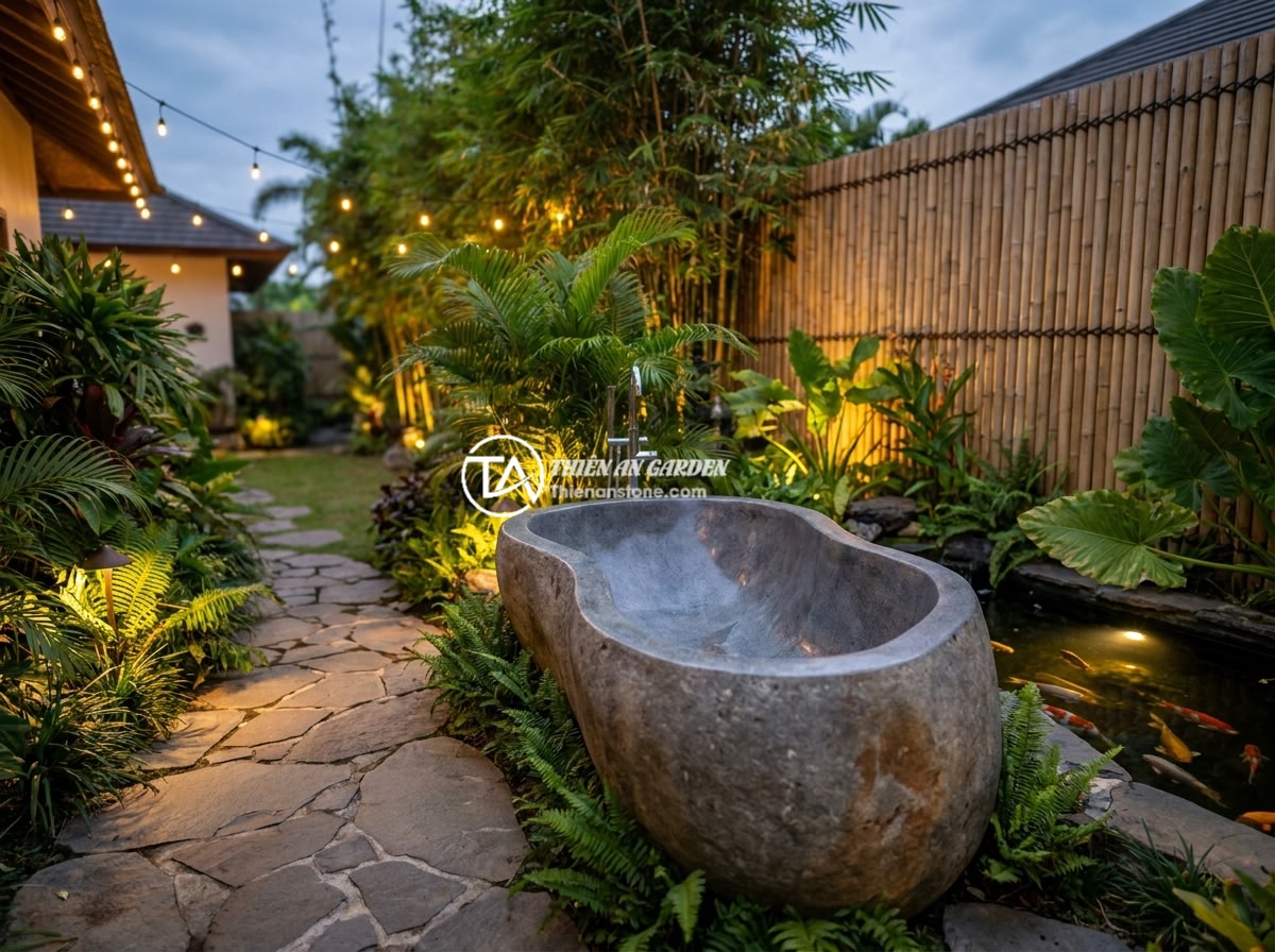 Bồn Tắm Đá Mài Nhân Tạo: Ưu Nhược Điểm Và Ứng Dụng Phổ Biến - Outdoor artificial stone bathtub surrounded by tropical garden landscape with na