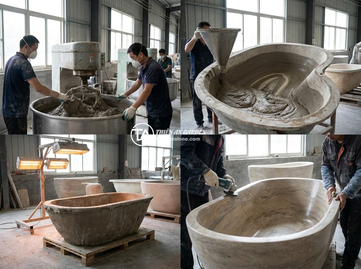 Bồn Tắm Đá Mài Nhân Tạo: Ưu Nhược Điểm Và Ứng Dụng Phổ Biến - Step-by-step manufacturing process of artificial stone bathtub showing raw mater