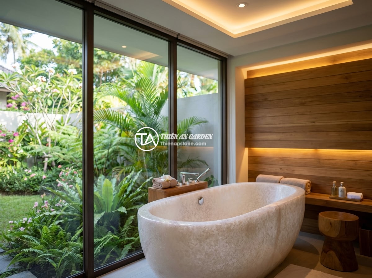 Bồn Tắm Đá Mài Nhân Tạo: Ưu Nhược Điểm Và Ứng Dụng Phổ Biến - Luxury resort bathroom with artificial stone bathtub positioned near floor-to-ce