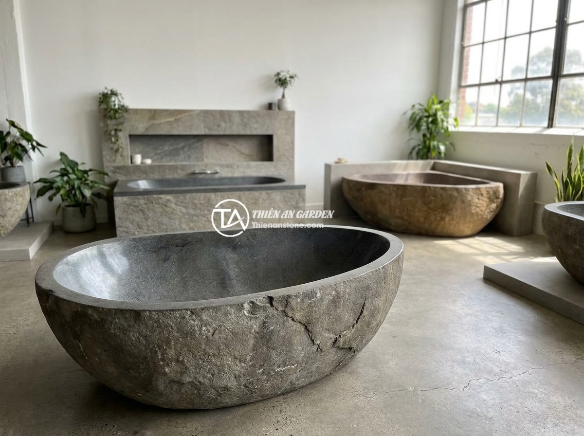Bồn Tắm Đá Mài Nhân Tạo: Ưu Nhược Điểm Và Ứng Dụng Phổ Biến - Showroom display of various artificial stone bathtub sizes and shapes including 