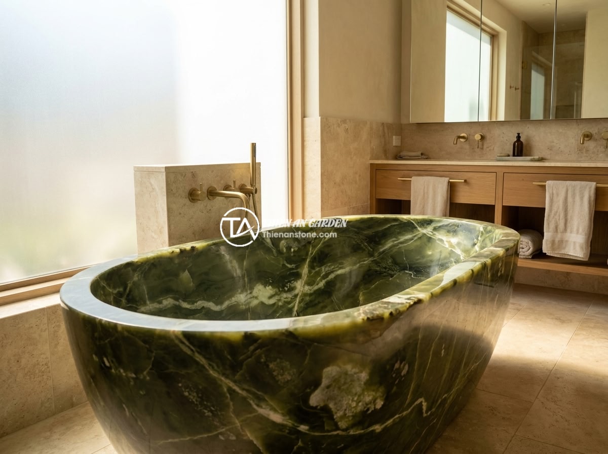 Bồn Tắm Đá Nguyên Khối Cao Cấp: Đặc Điểm, Giá Thành Và Nên Mua Không? - A luxurious monolithic natural stone bathtub carved from a single piece of marbl
