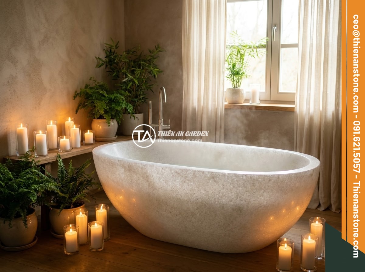 Bồn Tắm Đá Nguyên Khối Cao Cấp: Đặc Điểm, Giá Thành Và Nên Mua Không? - A serene and zen-inspired bathroom featuring a natural stone bathtub surrounded 