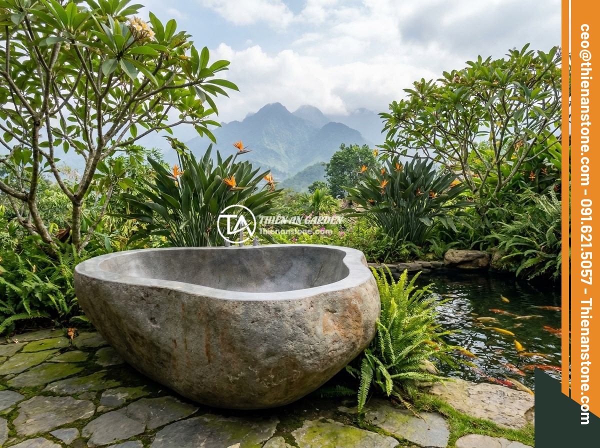 Bồn Tắm Đá Nguyên Khối Cao Cấp: Đặc Điểm, Giá Thành Và Nên Mua Không? - An outdoor natural stone bathtub placed in a beautifully landscaped garden with 