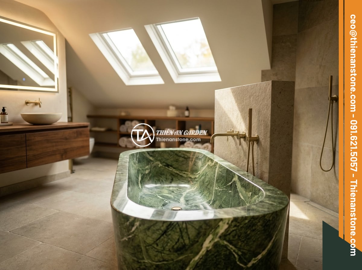 Bồn Tắm Đá Nguyên Khối Cao Cấp: Đặc Điểm, Giá Thành Và Nên Mua Không? - A completed luxury bathroom project featuring a stunning monolithic stone bathtu