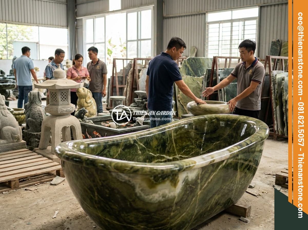 Bồn Tắm Đá Nguyên Khối Cao Cấp: Đặc Điểm, Giá Thành Và Nên Mua Không? - Đá Cảnh Thiên An stone workshop and showroom displaying various natural stone ba