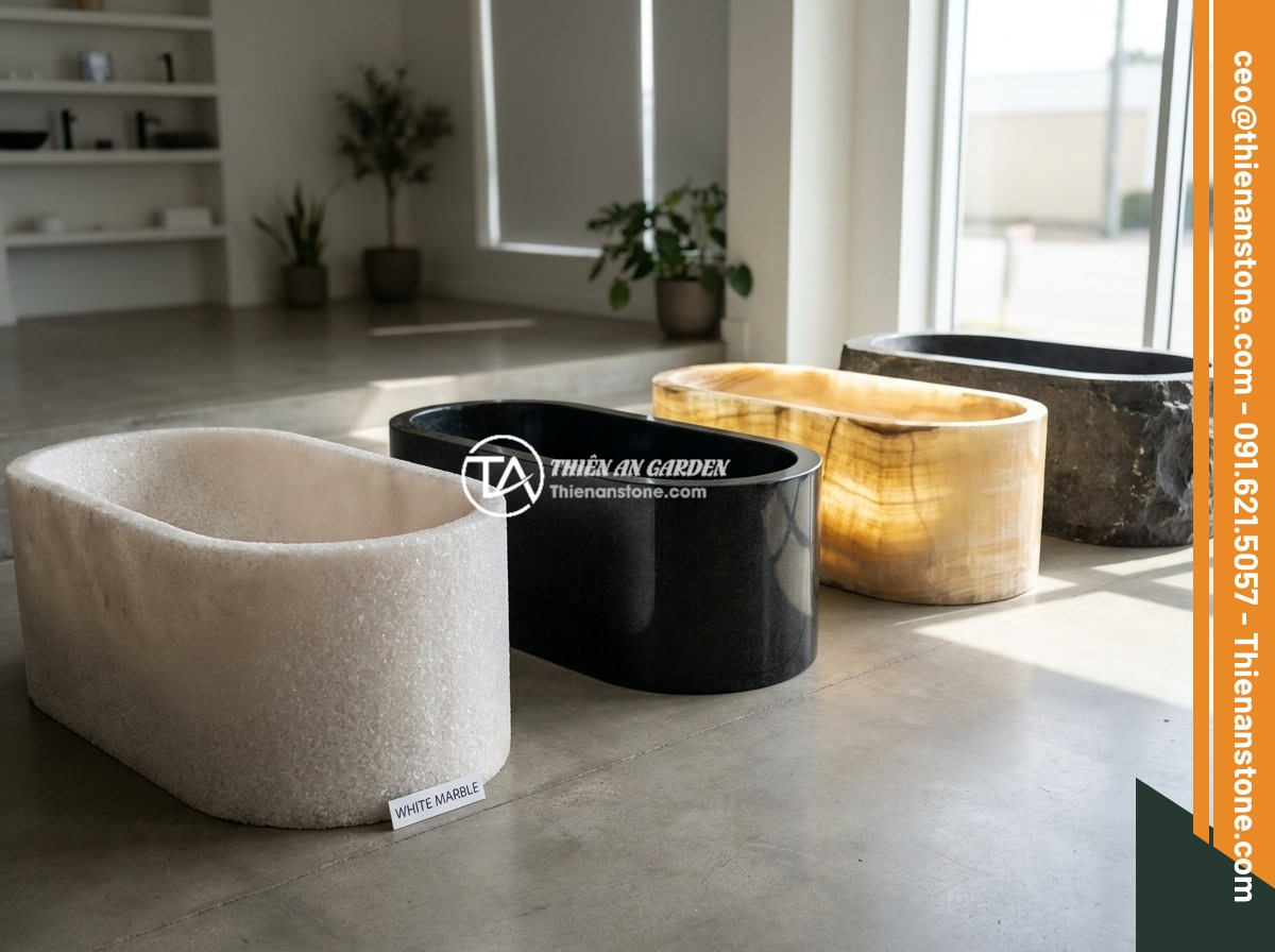 Bồn Tắm Đá Nguyên Khối Cao Cấp: Đặc Điểm, Giá Thành Và Nên Mua Không? - Different types of natural stone bathtubs displayed side by side including white