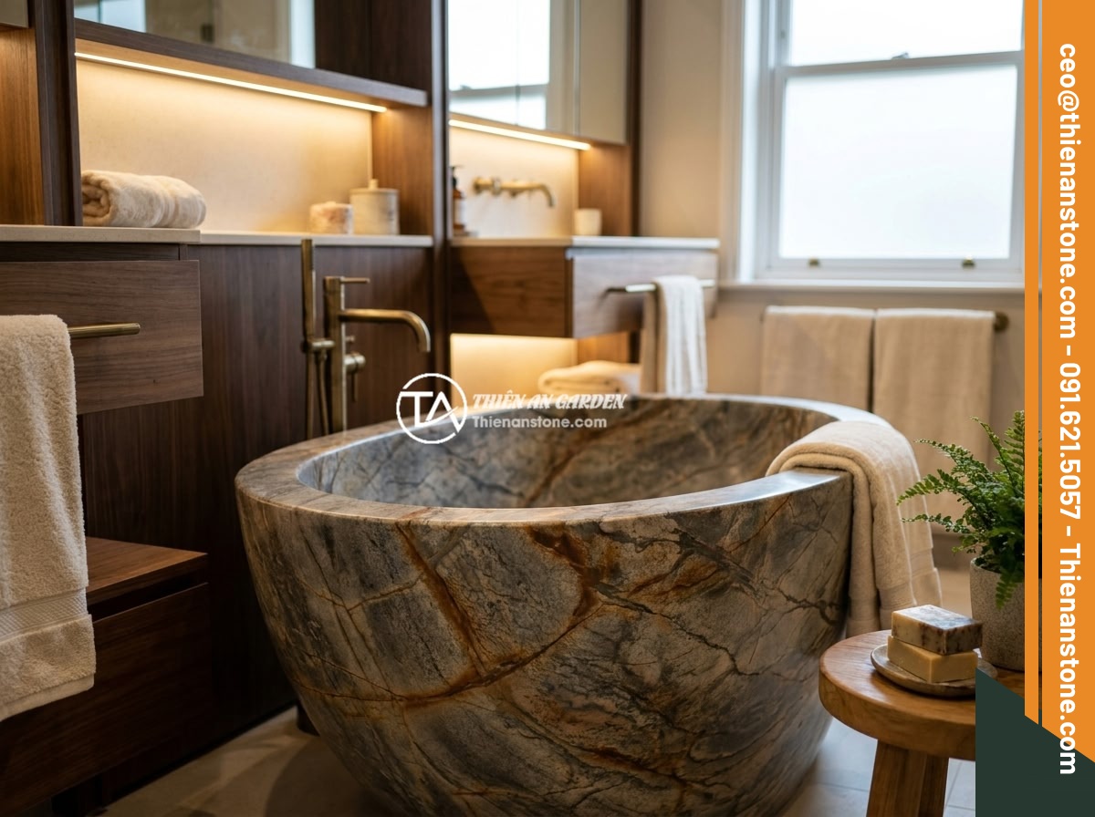 Bồn Tắm Đá Nguyên Khối Cao Cấp: Đặc Điểm, Giá Thành Và Nên Mua Không? - A stunning marble bathtub with dramatic veining patterns as the centerpiece of a
