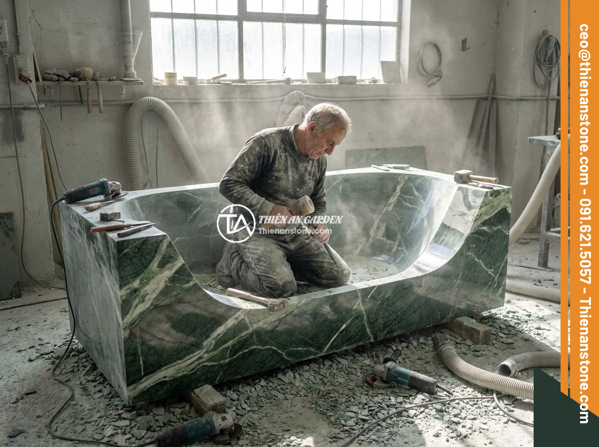 Bồn Tắm Đá Nguyên Khối Cao Cấp: Đặc Điểm, Giá Thành Và Nên Mua Không? - Skilled artisan hand-carving a large natural stone bathtub from a raw stone bloc