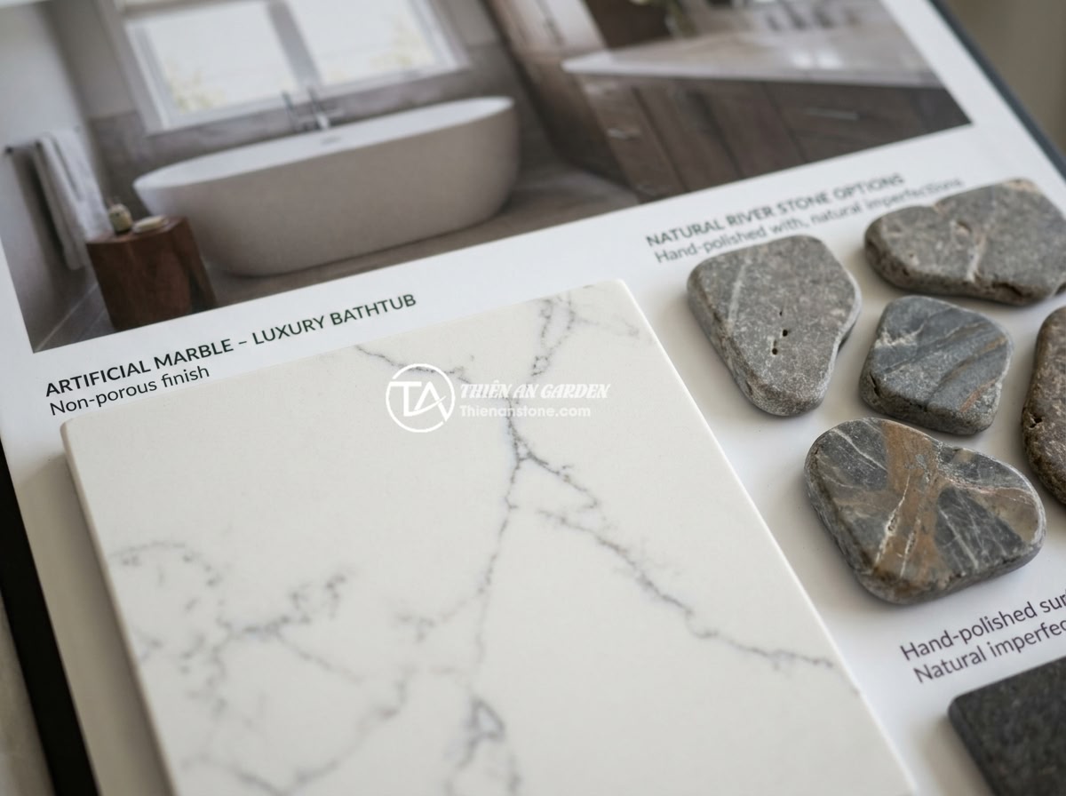 Bồn Tắm Đá Nhân Tạo Solid Surface Có Tốt Không? So Với Đá Tự Nhiên - Close-up of solid surface artificial stone material showing smooth non-porous te