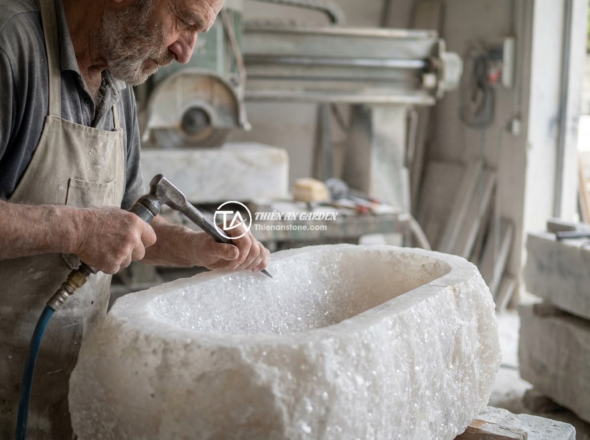 Bồn Tắm Đá Nhân Tạo Solid Surface Có Tốt Không? So Với Đá Tự Nhiên - Craftsman hand-carving a natural stone bathtub from a large boulder in a stone w