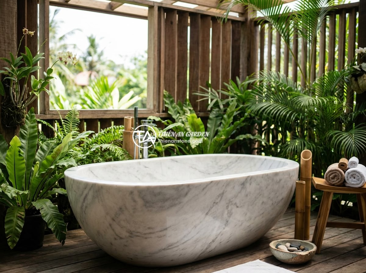 Bồn Tắm Đá Nhân Tạo Solid Surface Có Tốt Không? So Với Đá Tự Nhiên - Stunning natural river stone bathtub in a tropical resort bathroom surrounded by