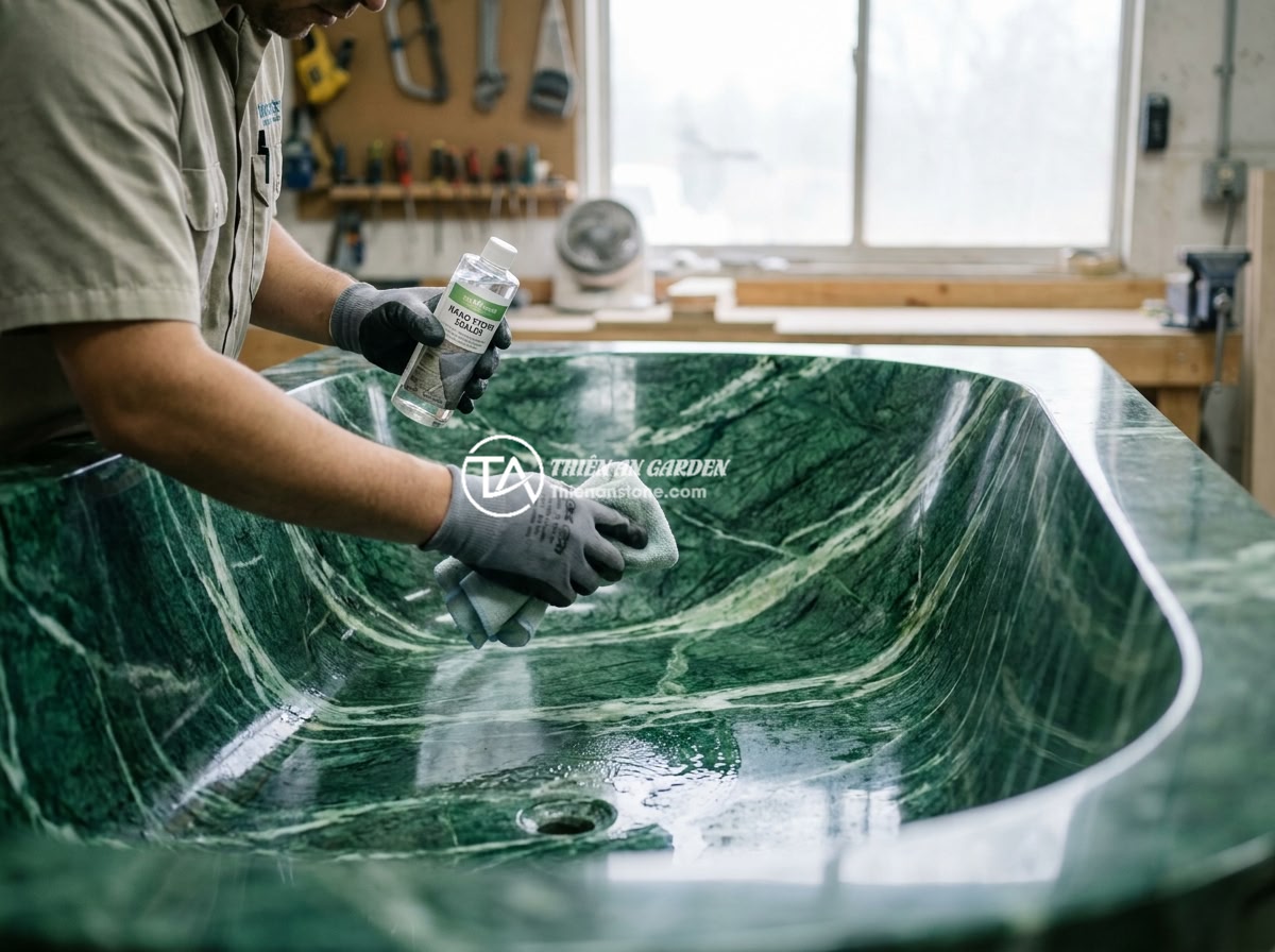 Bồn Tắm Đá Nhân Tạo Solid Surface Có Tốt Không? So Với Đá Tự Nhiên - Professional technician applying nano stone sealer coating on a natural marble b