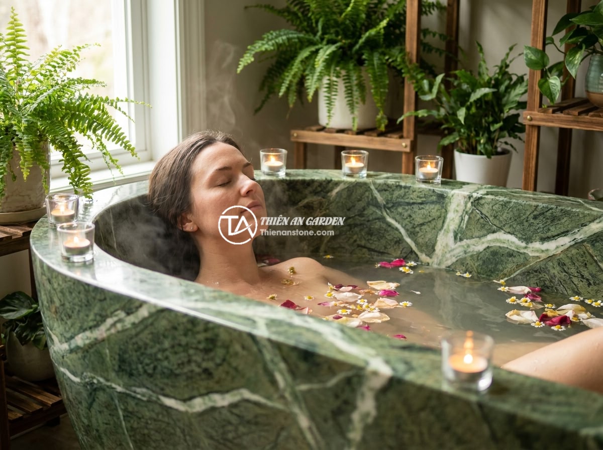 Bồn Tắm Đá Tự Nhiên Cho Spa: Xu Hướng Và Lợi Ích Kinh Doanh - Hình 10 Bồn Tắm Đá Tự Nhiên Cho Spa: Xu Hướng Và Lợi Ích Kinh Doanh - A woman peacefully soaking in a natural stone bathtub filled with warm water and