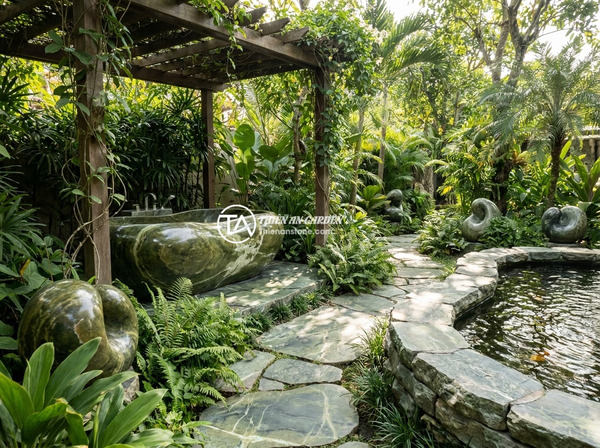 Bồn Tắm Đá Tự Nhiên Cho Spa: Xu Hướng Và Lợi Ích Kinh Doanh - Hình 11 Bồn Tắm Đá Tự Nhiên Cho Spa: Xu Hướng Và Lợi Ích Kinh Doanh - A comprehensive spa garden landscape featuring a natural stone bathtub, koi pond