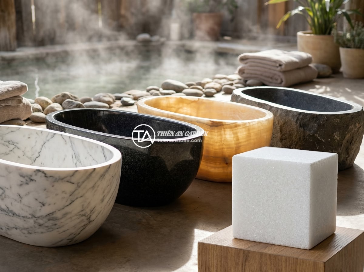 Bồn Tắm Đá Tự Nhiên Cho Spa: Xu Hướng Và Lợi Ích Kinh Doanh - Hình 2 Bồn Tắm Đá Tự Nhiên Cho Spa: Xu Hướng Và Lợi Ích Kinh Doanh - Comparison display of different natural stone bathtub materials including white