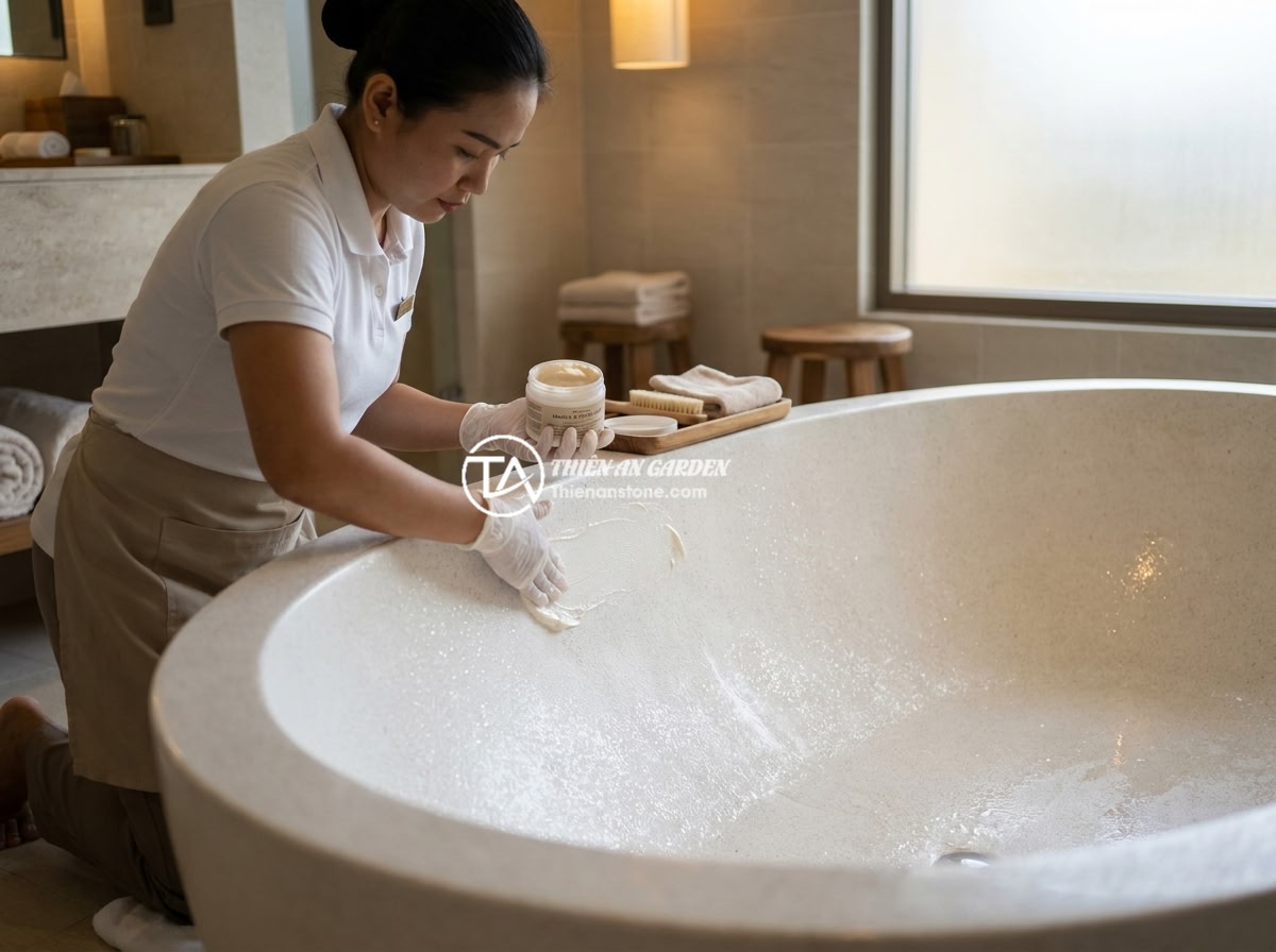 Bồn Tắm Đá Tự Nhiên Cho Spa: Xu Hướng Và Lợi Ích Kinh Doanh - Hình 8 Bồn Tắm Đá Tự Nhiên Cho Spa: Xu Hướng Và Lợi Ích Kinh Doanh - A spa attendant carefully cleaning and polishing a white marble natural stone ba