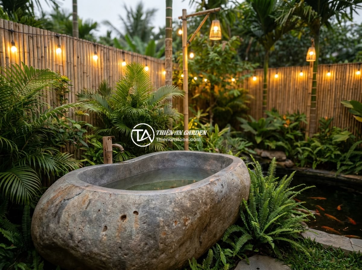 Bồn Tắm Đá Tự Nhiên Giá Rẻ: Có Nên Mua? Địa Chỉ Uy Tín Tại Phú Thọ - An outdoor natural stone bathtub placed in a lush tropical garden of a Vietnames