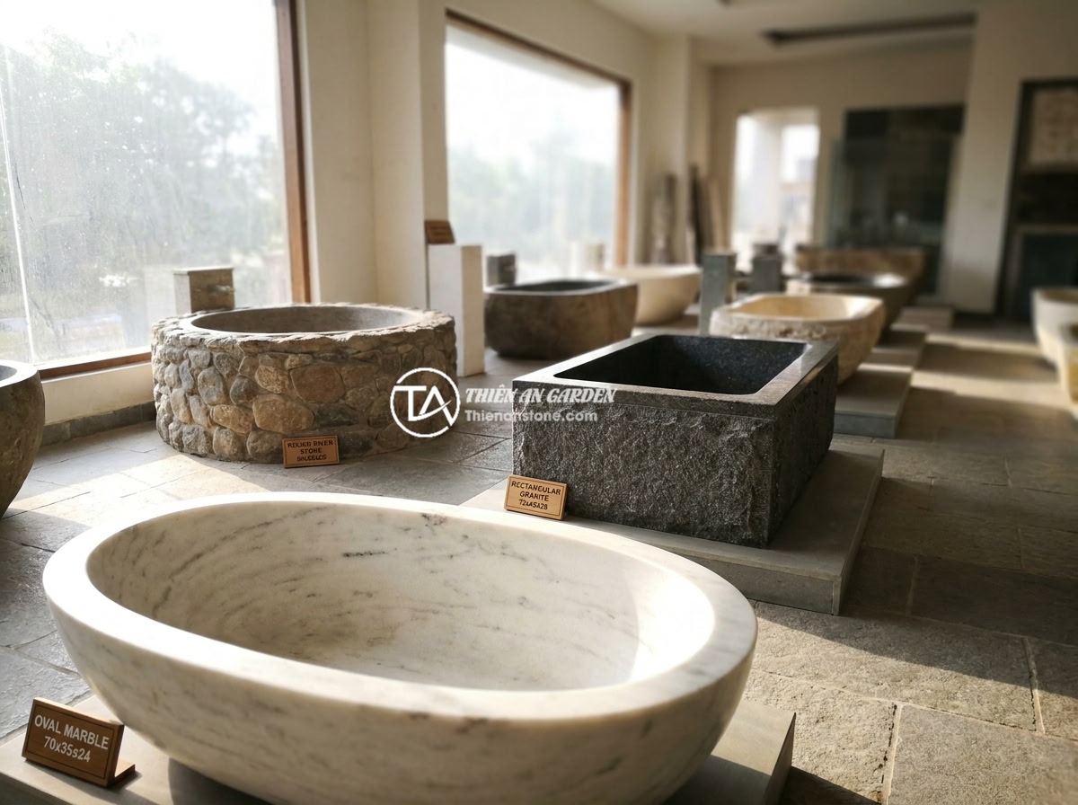 Bồn Tắm Đá Tự Nhiên Giá Rẻ: Có Nên Mua? Địa Chỉ Uy Tín Tại Phú Thọ - Various types of natural stone bathtubs displayed in a showroom, including oval 