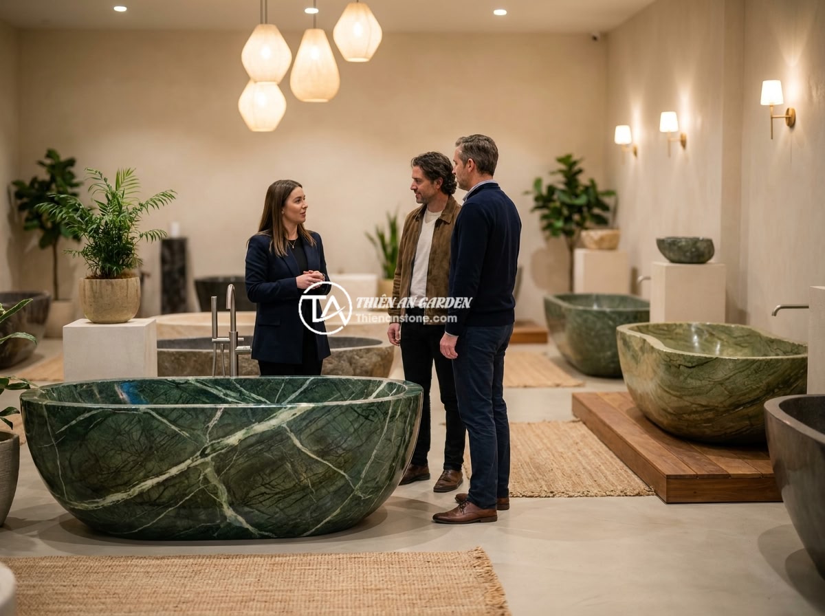 Bồn Tắm Đá Tự Nhiên Là Gì? Ưu Nhược Điểm Và Ứng Dụng Thực Tế 2026 - The Thien An Stone company showroom displaying a beautiful collection of natural