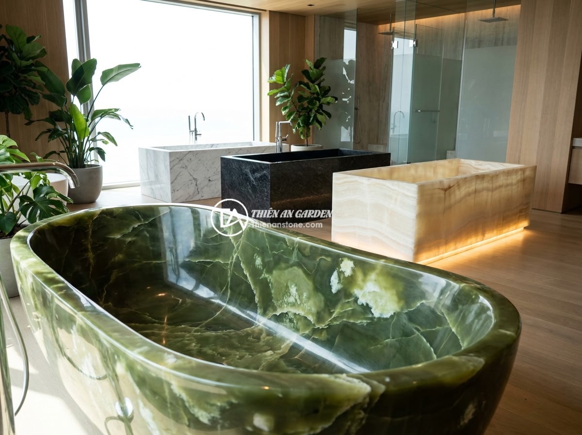 Bồn Tắm Đá Tự Nhiên Là Gì? Ưu Nhược Điểm Và Ứng Dụng Thực Tế 2026 - A luxurious bathroom featuring different types of natural stone bathtubs includi